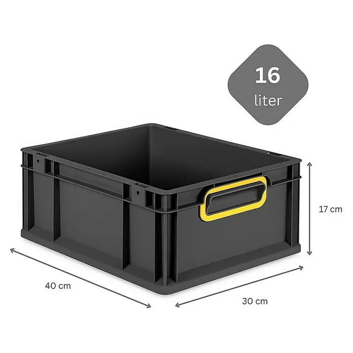 Proregal Euroboxen-Set 5x Eurobox NextGen Color - L x B x H: 40 x 30 x 17 cm, Kunststoff, Schwarz, Gelb, 5 Stk. - Dunkelgraue 16-Liter-Lagerbox mit gelbem Griff, Maße 40x30x17 cm. Ideal für Lagerung und Transport.