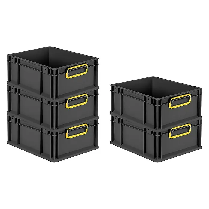 Proregal Euroboxen-Set 5x Eurobox NextGen Color - L x B x H: 40 x 30 x 17 cm, Kunststoff, Schwarz, Gelb, 5 Stk. - Drei übereinander gestapelte schwarze Kunststoffboxen mit gelben Griffen und zwei schwarze Boxen daneben.