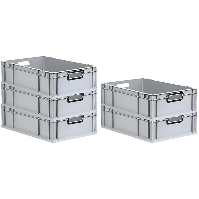 Proregal Euroboxen-Set 5x Eurobox NextGen Color - L x B x H: 60 x 40 x 17 cm, Kunststoff, Grau, Schwarz, 5 Stk. - Zwei Stapel grauer Kunststoffboxen, einer mit drei Boxen und der andere mit zwei, für Lagerung und Organisation.