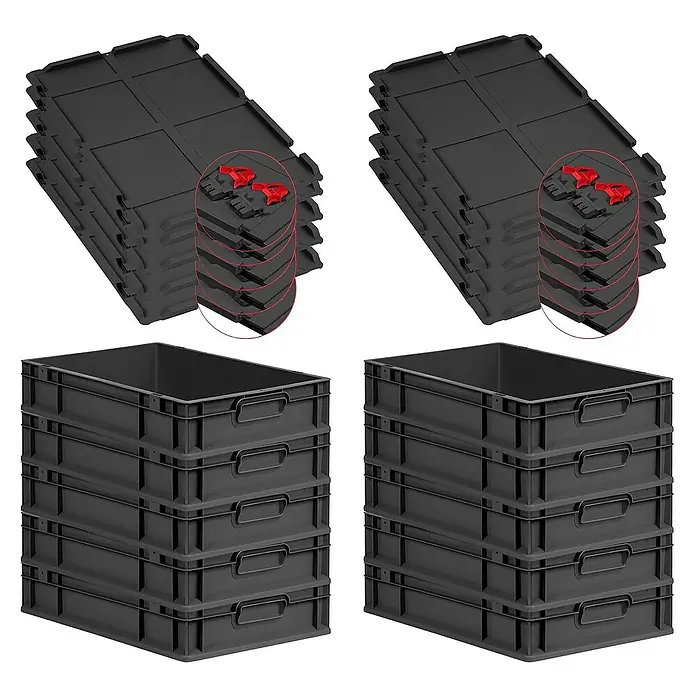 Proregal Euroboxen-Set 10x Eurobox NextGen Grip mit Scharnierdeckel und roten Verschlüssen - L x B x H: 60 x 40 x 12 cm, Kunststoff, Schwarz, 10 Stk. - Stapelbare schwarze Kunststoffbehälter und Deckel mit roten Verriegelungen für Lagerung und Transport.