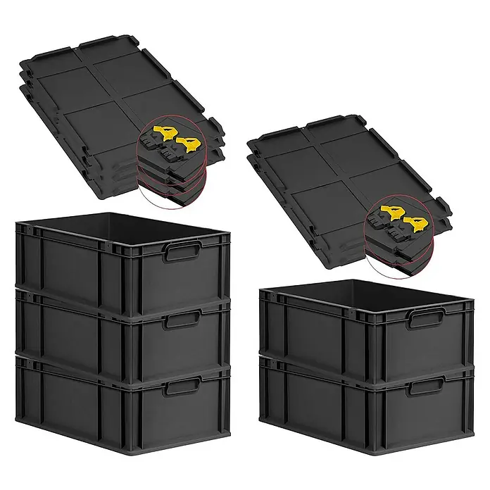 Proregal Euroboxen-Set 5x Eurobox NextGen Grip mit Scharnierdeckel und gelben Verschlüssen - L x B x H: 60 x 40 x 22 cm, Kunststoff, Schwarz, 5 Stk. - Schwarze stapelbare Lagerkisten mit Deckel und Griffen für Lagerung und Transport.