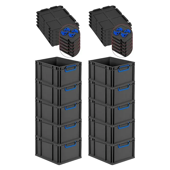 Proregal Euroboxen-Set 10x Eurobox NextGen Color mit Auflagedeckel und Schiebeschnappverschlüsse - L x B x H: 40 x 30 x 22 cm, Kunststoff, Schwarz, Blau, 10 Stk. - Eine Ansicht von grauen Lagerboxen und dazugehörigen schwarzen Deckeln mit blauen Befestigungen, ideal für die Aufbewahrung.