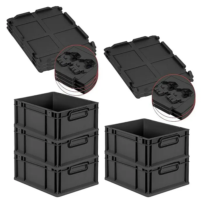 Proregal Euroboxen-Set 5x Eurobox NextGen Color mit Scharnierdeckel und Verschlüssen - L x B x H: 40 x 30 x 17 cm, Kunststoff, Schwarz, Schwarz, 5 Stk. - Bild von schwarzen Kunststoffboxen und Deckeln, die für Lagerung und Organisation verwendet werden.