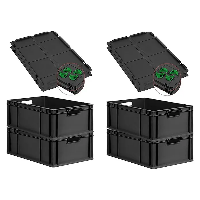 Proregal Euroboxen-Set 4x Eurobox NextGen Grip mit Auflagedeckel inkl. 4 grünen Verschlüssen - L x B x H: 60 x 40 x 22 cm, Kunststoff, Schwarz, 4 Stk. - Zwei Stapelboxen mit Deckel aus schwarzem Kunststoff, ideal für Lagerung und Transport. Robuste Bauweise für vielseitige Einsatzmöglichkeiten.