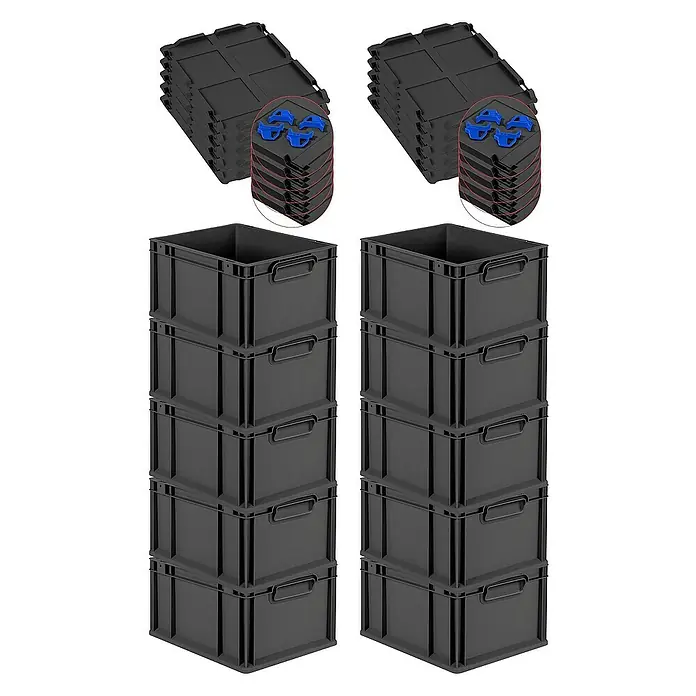 Proregal Euroboxen-Set 10x Eurobox NextGen Grip mit Auflagedeckel inkl. 4 blauen Verschlüssen - L x B x H: 40 x 30 x 22 cm, Kunststoff, Schwarz, 10 Stk. - Abbildung von zwei Stapeln grauer Lagerbehälter und Deckel, die eine effiziente Aufbewahrungslösung für verschiedene Gegenstände bieten.