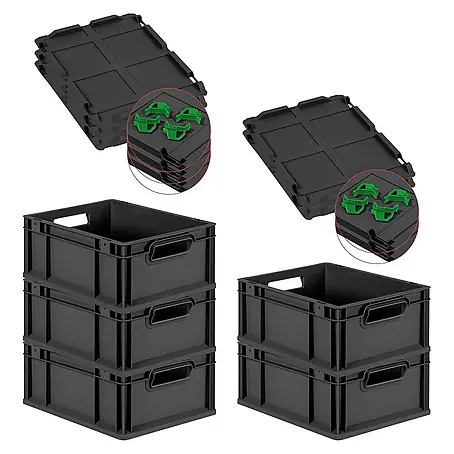 SparSet 5x Eurobox NextGen Grip mit Auflagedeckel inkl. 4 grünen Schiebeschnappverschlüssen | HxBxT 17x30x40cm | 16 Liter | Schwarz | Griffe offen | Eurobehälter, Transportbox, Transportbehälter, Stapelbehälter