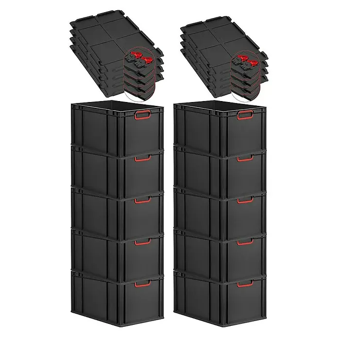 Proregal Euroboxen-Set 10x Eurobox NextGen Color mit Scharnierdeckel und Verschlüssen - L x B x H: 60 x 40 x 32 cm, Kunststoff, Schwarz, Rot, 10 Stk. - Stapelbare, schwarze Aufbewahrungsboxen mit roten Griffen und Deckelclips für eine vielseitige und platzsparende Lagerlösung.