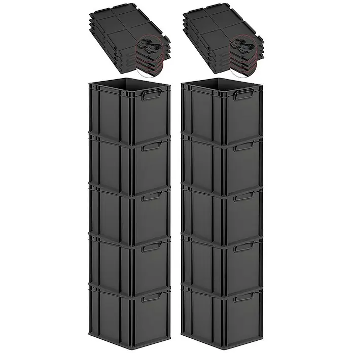 Proregal Euroboxen-Set 10x Eurobox NextGen Grip mit Scharnierdeckel und schwarzen Verschlüssen - Kunststoff, Schwarz, 10 Stk. - Das Bild zeigt zwei Stapel von schwarzen Faltboxen, wobei die dazugehörigen Deckel ordentlich darauf gestapelt sind. Perfekt für Lagerung und Organisation.