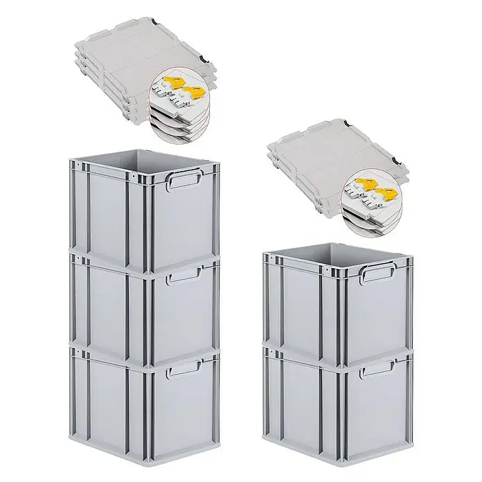 Proregal Euroboxen-Set 5x Eurobox NextGen Grip mit Scharnierdeckel und gelben Verschlüssen - L x B x H: 40 x 30 x 32 cm, Kunststoff, Grau, 5 Stk. - Gestapelte, graue Kunststoffboxen und dazugehörige Deckel für Lagerung und Transport.
