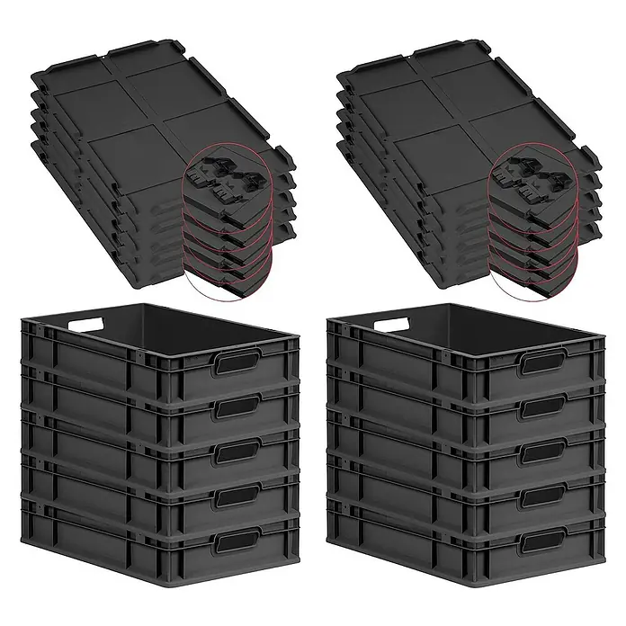 Proregal Euroboxen-Set 10x Eurobox NextGen Grip mit Scharnierdeckel und schwarzen Verschlüssen - L x B x H: 60 x 40 x 12 cm, Kunststoff, Schwarz, 10 Stk. - Schwarze Kunststoffboxen und Klappboxen im Set. Ideal für Lagerung und Transport, robust und platzsparend.