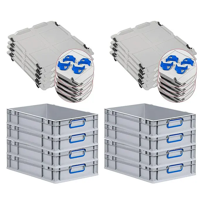 Proregal Euroboxen-Set 8x Eurobox NextGen Color mit Auflagedeckel und Schiebeschnappverschlüsse - L x B x H: 60 x 40 x 12 cm, Kunststoff, Grau, Blau, 8 Stk. - Stapelbare Kunststoffbehälter und Deckel mit blauen Griffen, ideal für Lagerung und Transport. Praktisches Set für Ordnung und Organisation.