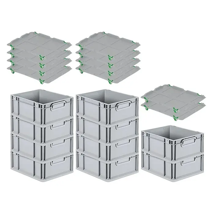 Proregal Euroboxen-Set 10x Eurobox NextGen Economy mit Auflagedeckel und 4x Verschlüsse Grün - L x B x H: 40 x 30 x 17 cm, Kunststoff, Grau, 10 Stk. - Graue Kunststoffboxen und Deckel. Ideal für Lagerung und Transport. Robust und stapelbar für optimale Organisation.