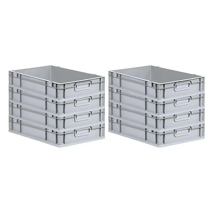 Proregal Euroboxen-Set 8x Eurobox NextGen Economy mit Scharnierdeckel und blauen Verschlüssen - L x B x H: 60 x 40 x 12 cm, Kunststoff, Grau, 8 Stk. - Zwei Stapel grauer Kunststoffboxen. Diese robusten Boxen sind ideal für die Lagerung und den Transport verschiedener Güter und Materialien.