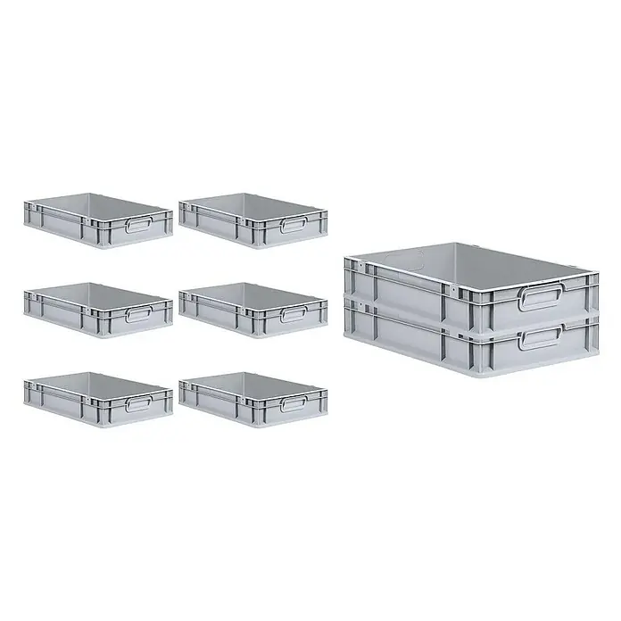 Proregal Euroboxen-Set 8x Eurobox NextGen Economy mit Scharnierdeckel und blauen Verschlüssen - L x B x H: 60 x 40 x 12 cm, Kunststoff, Grau, 8 Stk. - Sieben graue Kunststoffboxen und ein Stapel aus zwei Boxen.Ideal für Lagerung und Transport. Robust und stapelbar für Ordnung.