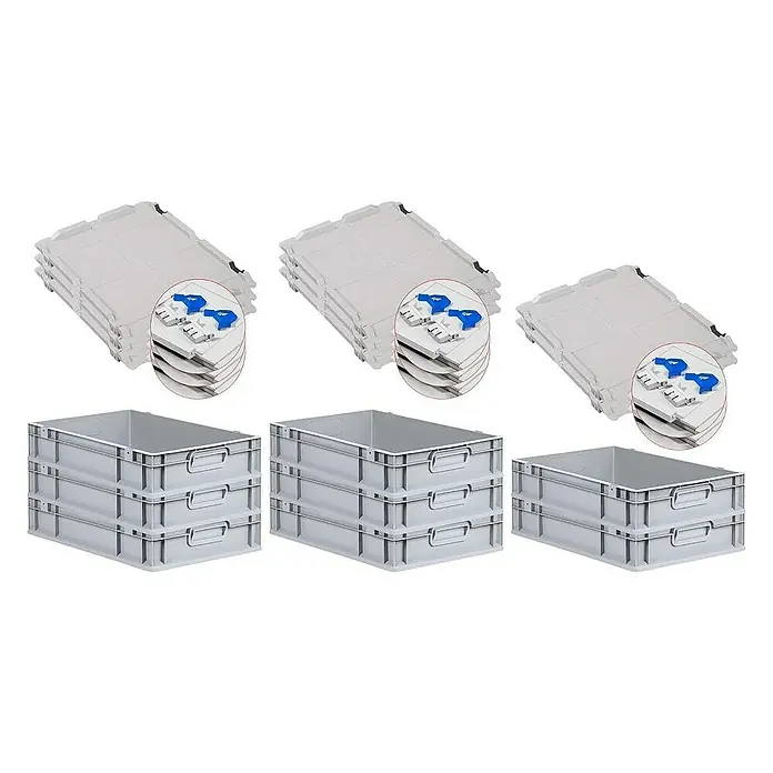 Proregal Euroboxen-Set 8x Eurobox NextGen Economy mit Scharnierdeckel und blauen Verschlüssen - L x B x H: 60 x 40 x 12 cm, Kunststoff, Grau, 8 Stk. - Bild von drei Stapeln grauer Lagerbehälter und drei Stapeln grauer Behälterdeckel mit blauen Verschlüssen für zusätzlichen Schutz.