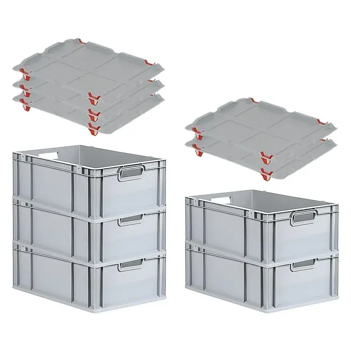 Proregal Euroboxen-Set 5x Eurobox NextGen Economy mit Auflagedeckel und 4x Verschlüsse Rot - L x B x H: 60 x 40 x 22 cm, Kunststoff, Grau, 5 Stk. - Graue Kunststoffbehälter und Deckel. Die Behälter sind leer und gestapelt, die Deckel liegen daneben. Perfekt für Lagerung und Organisation.