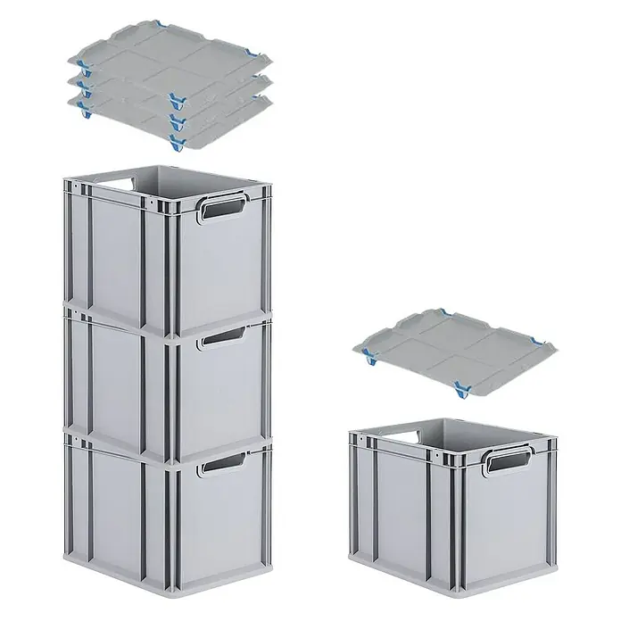 Proregal Euroboxen-Set 4x Eurobox NextGen Economy mit Auflagedeckel und 4x Verschlüsse Blau - Kunststoff, Grau, 4 Stk. - Graue Euroboxen und Eurobehälter mit Deckeln, ideal für Lagerung und Transport, in verschiedenen Konfigurationen dargestellt.