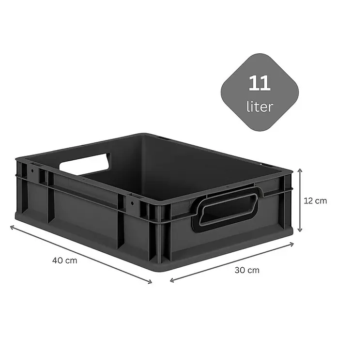 SparSet 10x Eurobox NextGen Color mit Auflagedeckel und Schiebeschnappverschlüsse | HxBxT 12x30x40cm | 11 Liter | Schwarz | Griffe schwarz offen | Glatter Boden | Eurobehälter, Transportbox, Transportbehälter, Stapelbehälter -  - Graue Kunststoffbox mit Griffen und den Maßen 40 x 30 x 12 cm, Volumen 11 Liter.