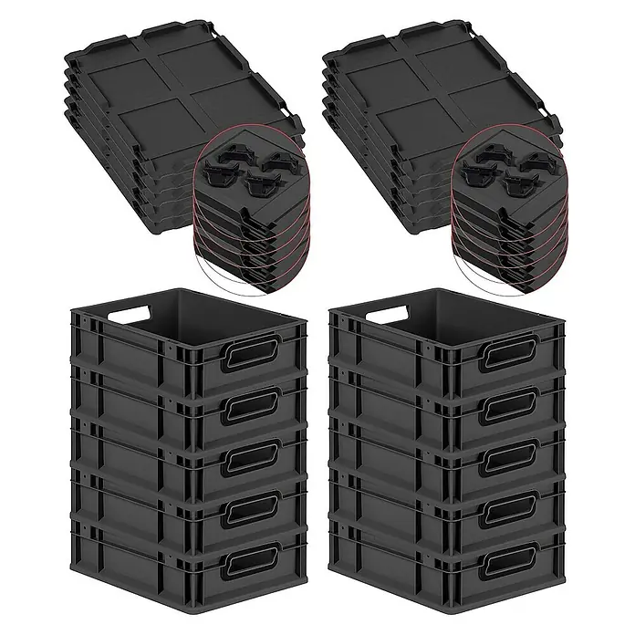 SparSet 10x Eurobox NextGen Color mit Auflagedeckel und Schiebeschnappverschlüsse | HxBxT 12x30x40cm | 11 Liter | Schwarz | Griffe schwarz offen | Glatter Boden | Eurobehälter, Transportbox, Transportbehälter, Stapelbehälter -  - Stapelbare schwarze Kunststoffbehälter und Deckel für effiziente Lagerung. Praktische und robuste Lösung.