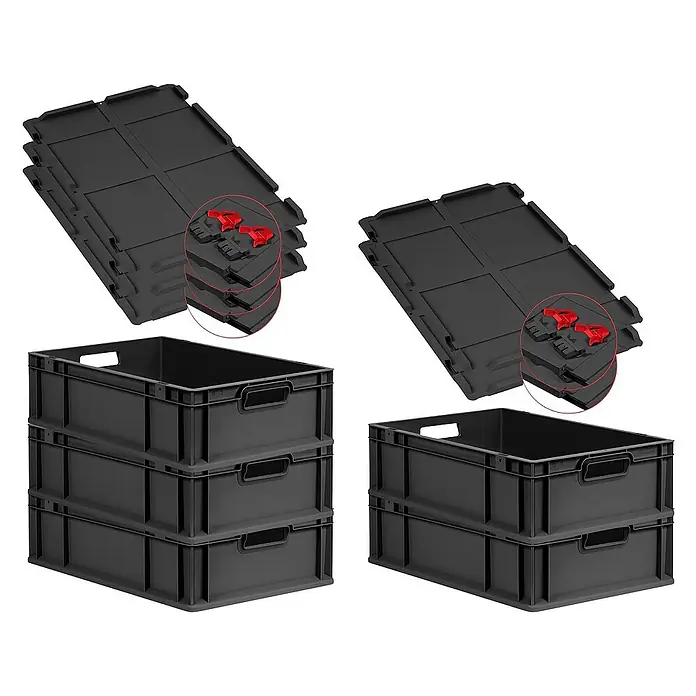 Proregal Euroboxen-Set 5x Eurobox NextGen Grip mit Scharnierdeckel und roten Verschlüssen - L x B x H: 60 x 40 x 17 cm, Kunststoff, Schwarz, 5 Stk. - Produktabbildung von schwarzen Lagerkisten und dazugehörigen Deckeln mit roten Verschlüssen für eine sichere Aufbewahrung.