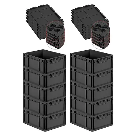 SuperSparSet 10x Eurobox NextGen Grip mit Auflagedeckel inkl. 4 schwarzen Schiebeschnappverschlüssen | HxBxT 17x30x40cm | 16 Liter | Schwarz | Griffe geschlossen | Eurobehälter, Transportbox, Transportbehälter, Stapelbehälter