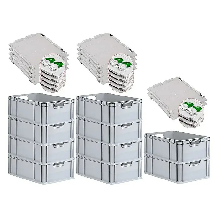 Proregal Euroboxen-Set 10x Eurobox NextGen Grip mit Scharnierdeckel und grünen Verschlüssen - L x B x H: 60 x 40 x 22 cm, Kunststoff, Grau, 10 Stk. - Bild von grauen Eurobehältern und Deckeln.