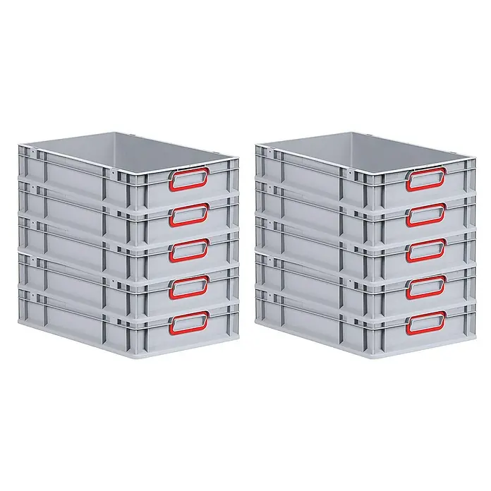 Proregal Euroboxen-Set 10x Eurobox NextGen Color - L x B x H: 60 x 40 x 12 cm, Kunststoff, Grau, Rot, 10 Stk. - Zwei Stapel grauer Kunststoffbehälter, einer mit roten Griffen. Praktische und robuste Lagerlösung.