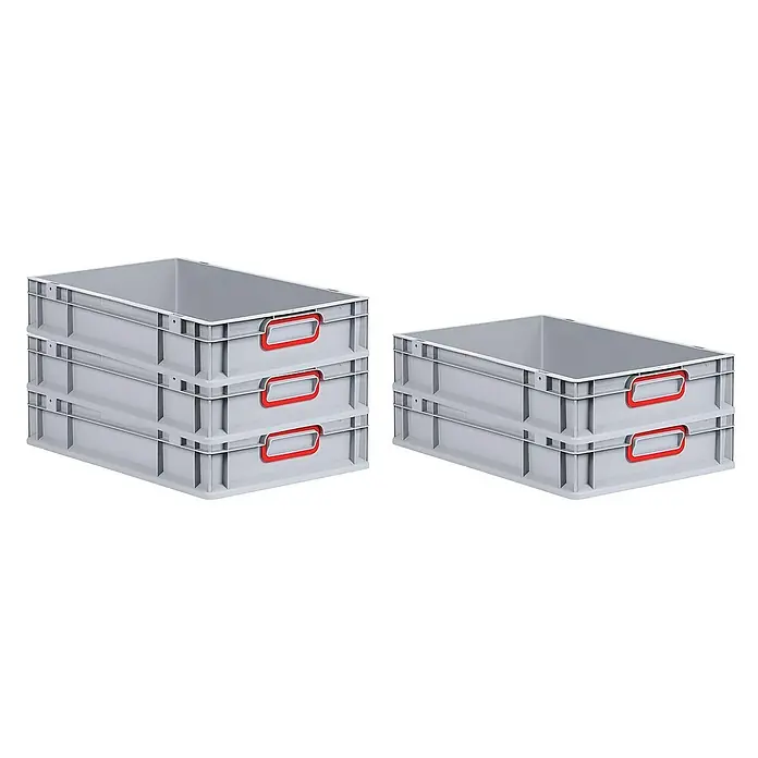 Proregal Euroboxen-Set 10x Eurobox NextGen Color - L x B x H: 60 x 40 x 12 cm, Kunststoff, Grau, Rot, 10 Stk. - Graue Kunststoffbehälter mit roten Griffen. Die robusten Boxen eignen sich ideal für Lagerung und Transport.
