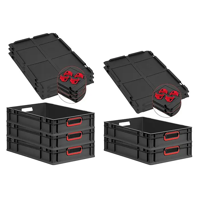 Proregal Euroboxen-Set 5x Eurobox NextGen Color mit Auflagedeckel und Schiebeschnappverschlüsse - L x B x H: 60 x 40 x 12 cm, Kunststoff, Schwarz, Rot, 5 Stk. - Dunkelgraue stapelbare Lagerkästen mit roten Griffen und passende Deckel für eine einfache Lagerung und Organisation.