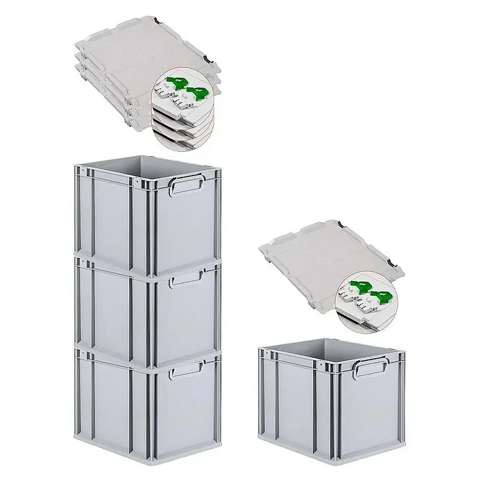 Proregal Euroboxen-Set 4x Eurobox NextGen Economy mit Scharnierdeckel und grünen Verschlüssen - Kunststoff, Grau, 4 Stk. - Graue Lagerboxen und Deckel zur Aufbewahrung. Diese stapelbaren Boxen sind ideal für Organisation und Lagerung in verschiedenen Umgebungen.