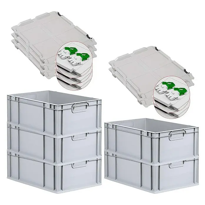 Proregal Euroboxen-Set 5x Eurobox NextGen Economy mit Scharnierdeckel und grünen Verschlüssen - L x B x H: 60 x 40 x 22 cm, Kunststoff, Grau, 5 Stk. - Kunststoffboxen und Deckel. Das Bild zeigt Kunststoffboxen, die zum Stapeln geeignet sind, sowie Deckel mit grünen Verriegelungen.