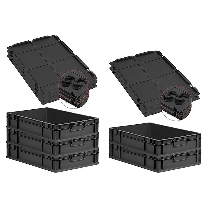 SparSet 5x Eurobox NextGen Grip mit Auflagedeckel inkl. 4 schwarzen Schiebeschnappverschlüssen | HxBxT 12x40x60cm | 23 Liter | Schwarz | Griffe geschlossen | Eurobehälter, Transportbox, Transportbehälter, Stapelbehälter -  - Bild zeigt ein Stapel von schwarzen Kunststoffboxen und Deckeln. Die robusten Boxen sind ideal für Lagerung und Transport.
