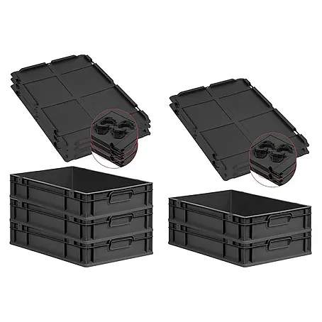 SparSet 5x Eurobox NextGen Grip mit Auflagedeckel inkl. 4 schwarzen Schiebeschnappverschlüssen | HxBxT 12x40x60cm | 23 Liter | Schwarz | Griffe geschlossen | Eurobehälter, Transportbox, Transportbehälter, Stapelbehälter