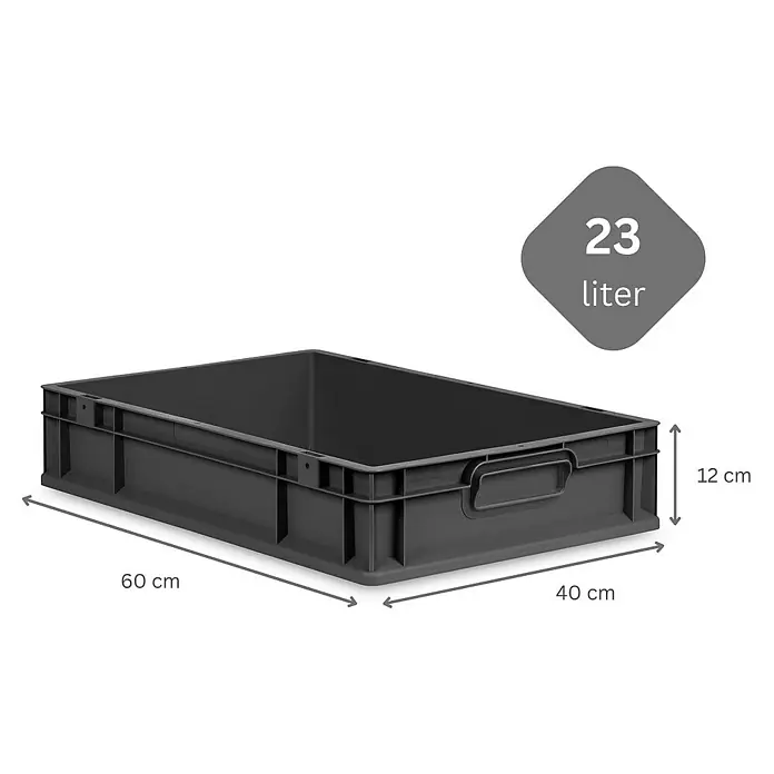SparSet 5x Eurobox NextGen Grip mit Auflagedeckel inkl. 4 schwarzen Schiebeschnappverschlüssen | HxBxT 12x40x60cm | 23 Liter | Schwarz | Griffe geschlossen | Eurobehälter, Transportbox, Transportbehälter, Stapelbehälter -  - Schwarze Kunststoffbox mit den Maßen 60x40x12 cm und einem Volumen von 23 Litern zur Aufbewahrung und zum Transport.