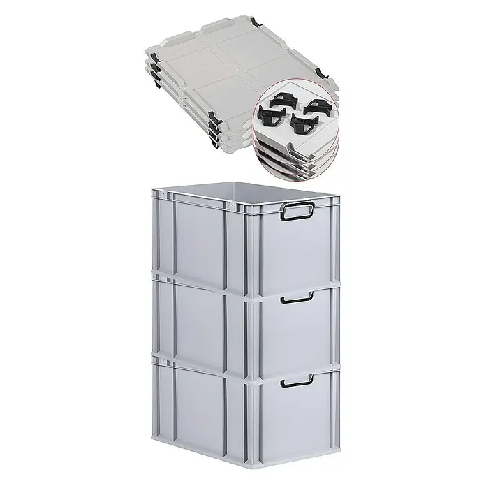 Proregal Euroboxen-Set 3x Eurobox NextGen Color mit Auflagedeckel und Schiebeschnappverschlüsse - L x B x H: 60 x 40 x 32 cm, Kunststoff, Grau, Schwarz, 3 Stk. - Graue Kunststoffboxen und dazugehörige Deckel. Die Boxen sind stapelbar und haben schwarze Griffe, die Deckel sind ebenfalls grau mit schwarzen Verschlüssen.