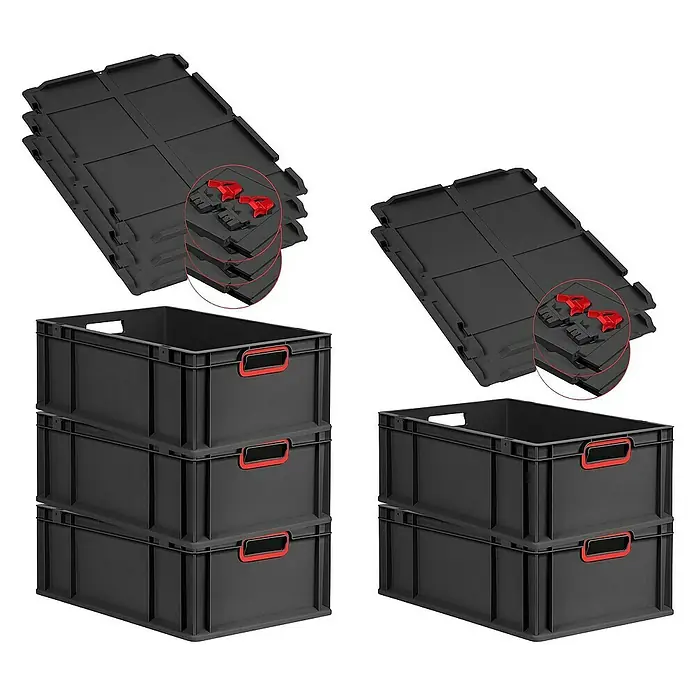 Proregal Euroboxen-Set 5x Eurobox NextGen Color mit Scharnierdeckel und Verschlüssen - L x B x H: 60 x 40 x 22 cm, Kunststoff, Schwarz, Rot, 5 Stk. - Schwarze Kunststoffboxen mit roten Griffen und Deckeln, ideal für Lagerung und Organisation.