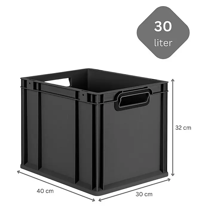 Proregal Euroboxen-Set 5x Eurobox NextGen Color mit Auflagedeckel und Schiebeschnappverschlüsse - Kunststoff, Schwarz, Schwarz, 5 Stk. - Abgebildete ist eine schwarze 30-Liter-Kunststoffbox mit den Maßen 40x30x32 cm, ideal zur Aufbewahrung und Organisation.