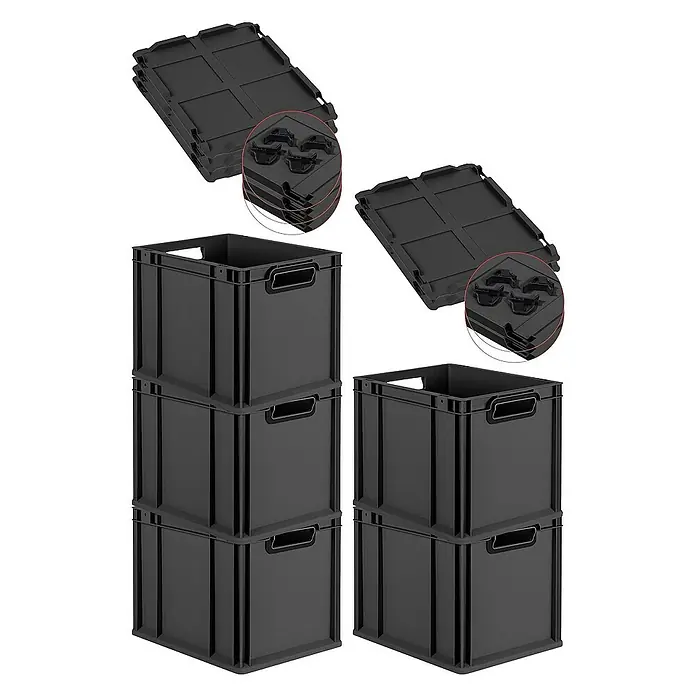 Proregal Euroboxen-Set 5x Eurobox NextGen Color mit Auflagedeckel und Schiebeschnappverschlüsse - Kunststoff, Schwarz, Schwarz, 5 Stk. - Schwarze Kunststoff-Aufbewahrungsboxen mit Deckeln, ideal für die Organisation von Gegenständen. Die Deckel sind stapelbar und platzsparend.