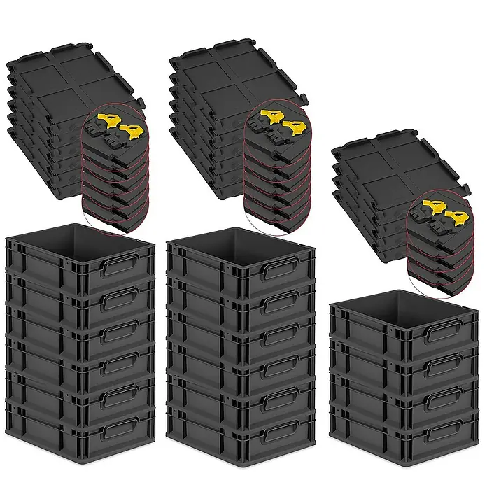Proregal Euroboxen-Set 16x Eurobox NextGen Grip mit Scharnierdeckel und gelben Verschlüssen - L x B x H: 40 x 30 x 12 cm, Kunststoff, Schwarz, 16 Stk. - Ein Set aus schwarzen Kunststoffboxen und passenden Deckeln, ideal für Lagerung und Organisation. Perfekt für Werkstatt oder Hobbyraum.
