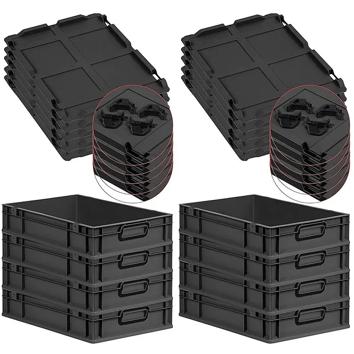 SuperSparSet 8x Eurobox NextGen Color mit Auflagedeckel und Schiebeschnappverschlüsse | HxBxT 12x40x60cm | 23 Liter | Schwarz | Griffe schwarz geschlossen | Glatter Boden | Eurobehälter, Transportbox, Transportbehälter, Stapelbehälter -  - Schwarze Eurobehälter mit Deckel, vier Behälter und vier Deckel sind in zwei Stapeln abgebildet. Perfekt für Lagerung und Transport.