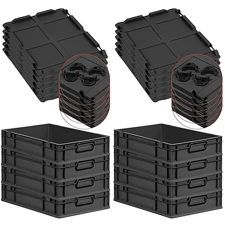 SuperSparSet 8x Eurobox NextGen Color mit Auflagedeckel und Schiebeschnappverschlüsse | HxBxT 12x40x60cm | 23 Liter | Schwarz | Griffe schwarz geschlossen | Glatter Boden | Eurobehälter, Transportbox, Transportbehälter, Stapelbehälter
