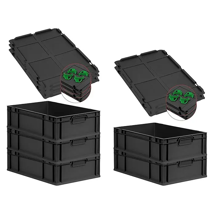Proregal Euroboxen-Set 5x Eurobox NextGen Grip mit Auflagedeckel inkl. 4 grünen Verschlüssen - L x B x H: 60 x 40 x 17 cm, Kunststoff, Schwarz, 5 Stk. - Schwarze Eurobehälter und passende Deckel mit grünen Befestigungsclips für sicheren Transport und Lagerung.