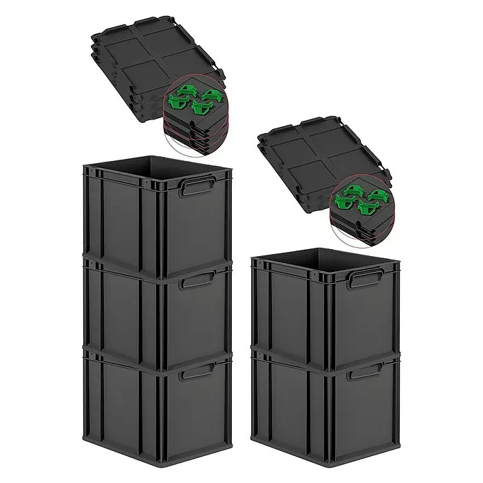 Proregal Euroboxen-Set 5x Eurobox NextGen Grip mit Auflagedeckel inkl. 4 grünen Verschlüssen - Kunststoff, Schwarz, 5 Stk. - Stapelbare Kunststoffbehälter, ideal für Lagerung und Transport. Die praktischen Boxen sind robust und vielseitig einsetzbar.