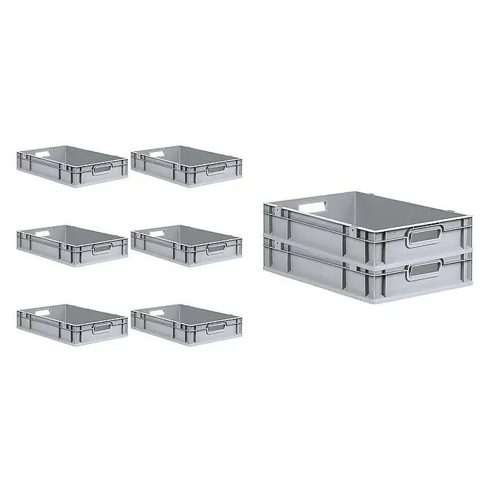 Proregal Euroboxen-Set 8x Eurobox NextGen Economy mit Scharnierdeckel und schwarzen Verschlüssen - L x B x H: 60 x 40 x 12 cm, Kunststoff, Grau, 8 Stk. - Sieben graue Kunststoffbehälter, sechs einzeln und zwei gestapelt, ideal für Lagerung und Organisation.