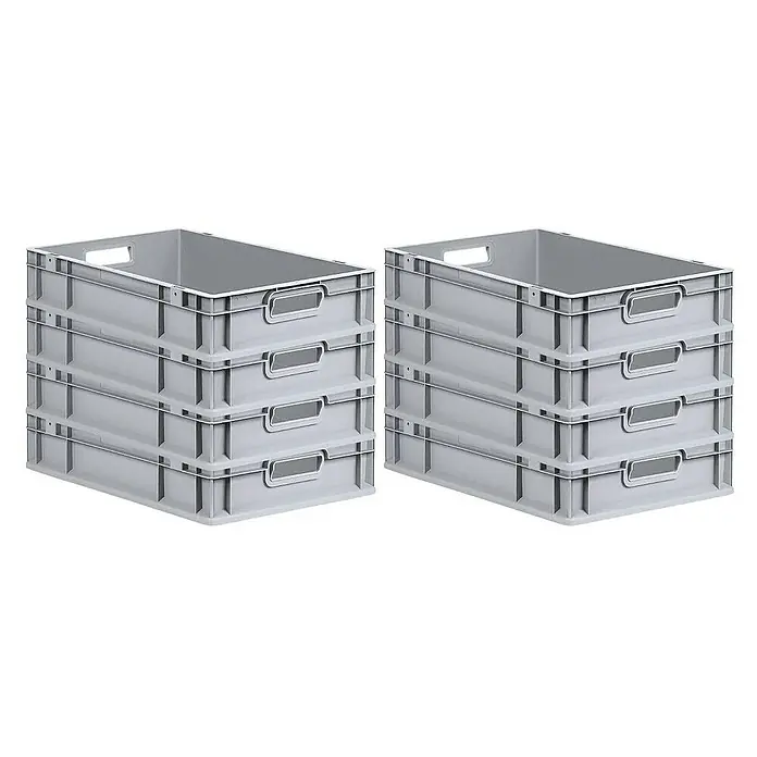 Proregal Euroboxen-Set 8x Eurobox NextGen Economy mit Scharnierdeckel und schwarzen Verschlüssen - L x B x H: 60 x 40 x 12 cm, Kunststoff, Grau, 8 Stk. - Stapel von zwei grauen Kunststoffbehältern mit Griffen, ideal für Lagerung und Organisation in Werkstatt oder Lager.
