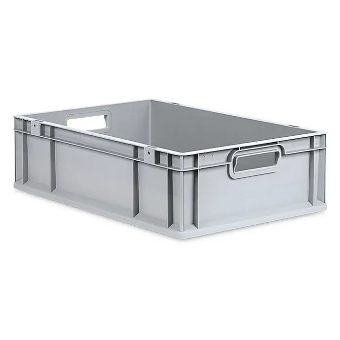 Proregal Euroboxen-Set 5x Eurobox NextGen Grip mit Auflagedeckel inkl. 4 schwarzen Verschlüssen - L x B x H: 60 x 40 x 17 cm, Kunststoff, Grau, 5 Stk. - Ein grauer, rechteckiger Kunststoffbehälter mit Griffen an den Seiten, ideal für Lagerung und Transport. Die Box ist robust und stapelbar.