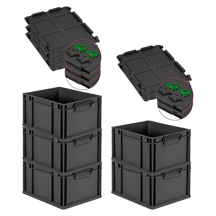 Proregal Euroboxen-Set 5x Eurobox NextGen Grip mit Scharnierdeckel und grünen Verschlüssen - L x B x H: 40 x 30 x 22 cm, Kunststoff, Schwarz, 5 Stk. - Stapelbare, schwarze Eurobehälter und Deckel mit grünen Verschlüssen für vielseitige Lagerung und Transport.