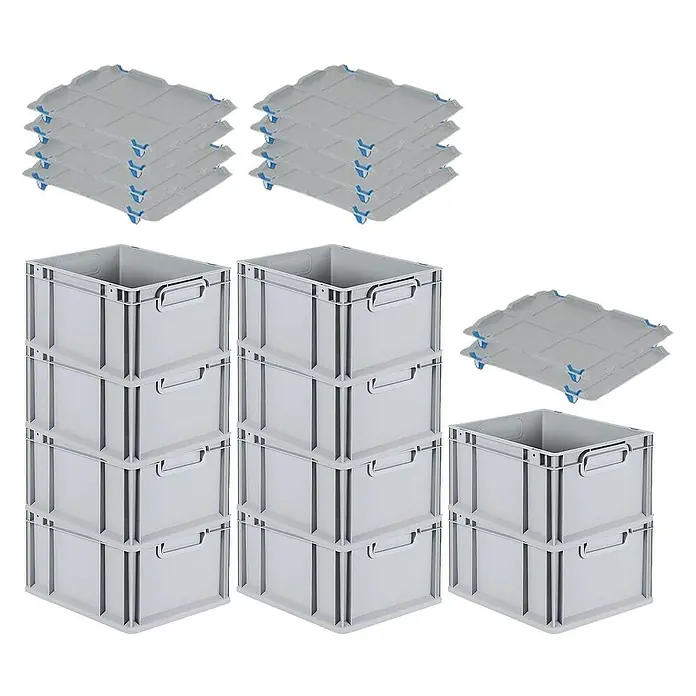 Proregal Euroboxen-Set 10x Eurobox NextGen Grip mit Auflagedeckel inkl. 4 blauen Verschlüssen - L x B x H: 40 x 30 x 22 cm, Kunststoff, Grau, 10 Stk. - Abbildung von grauen Kunststoffbehältern und passenden Deckeln, ideal für Lagerung und Organisation.