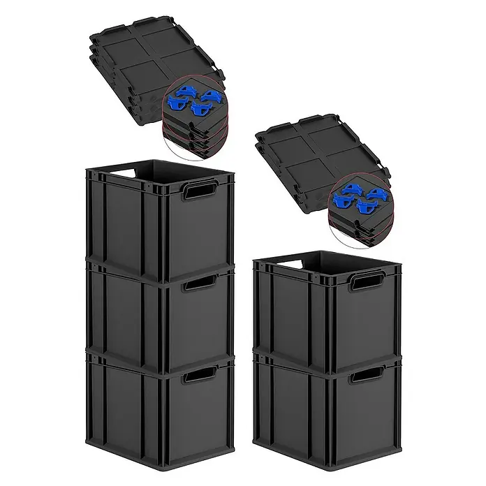 Proregal Euroboxen-Set 5x Eurobox NextGen Grip mit Scharnierdeckel und blauen Verschlüssen - Kunststoff, Schwarz, 5 Stk. - Stapelbare schwarze Kunststoffkisten mit Deckeln und blauen Clip-Verschlüssen für eine ordentliche und platzsparende Lagerung.