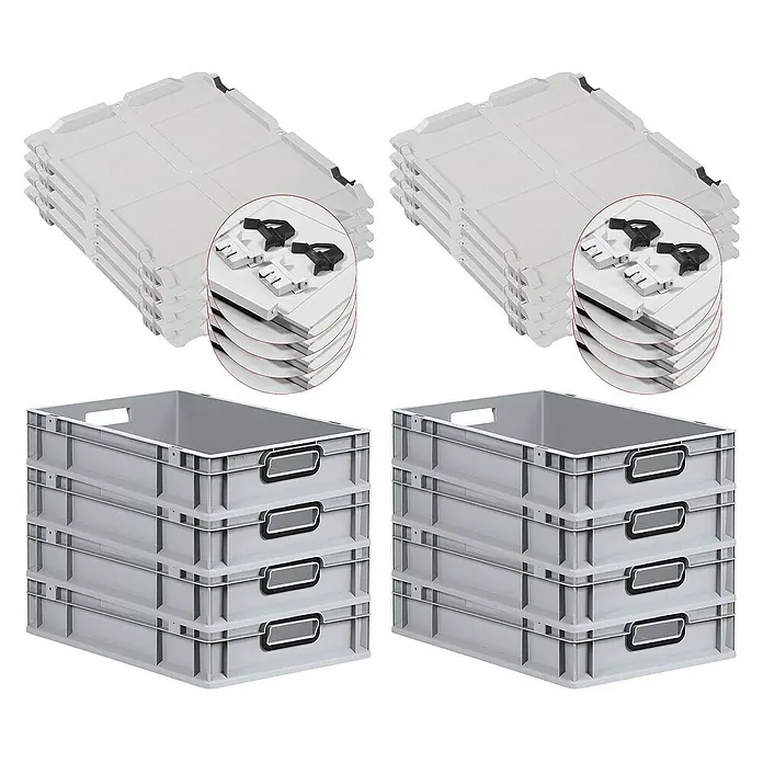SuperSparSet 8x Eurobox NextGen Color mit Scharnierdeckel und Schiebeschnappverschlüssen | HxBxT 12x40x60cm | 23 Liter | Grau | Griffe schwarz offen | Glatter Boden | Eurobehälter, Transportbox, Transportbehälter, Stapelbehälter -  - Ein Set aus stapelbaren grauen Lagerkisten und passenden Deckeln, ideal für Lagerung und Transport. Die Deckel haben praktische Verschlüsse.